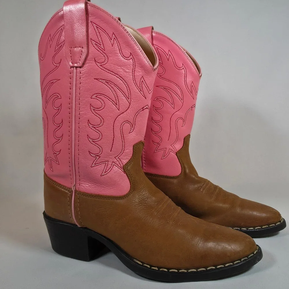 Old West J Toe Cowboy Boots Pink Brown Youth 2D Leather Pointed Toe Stitching